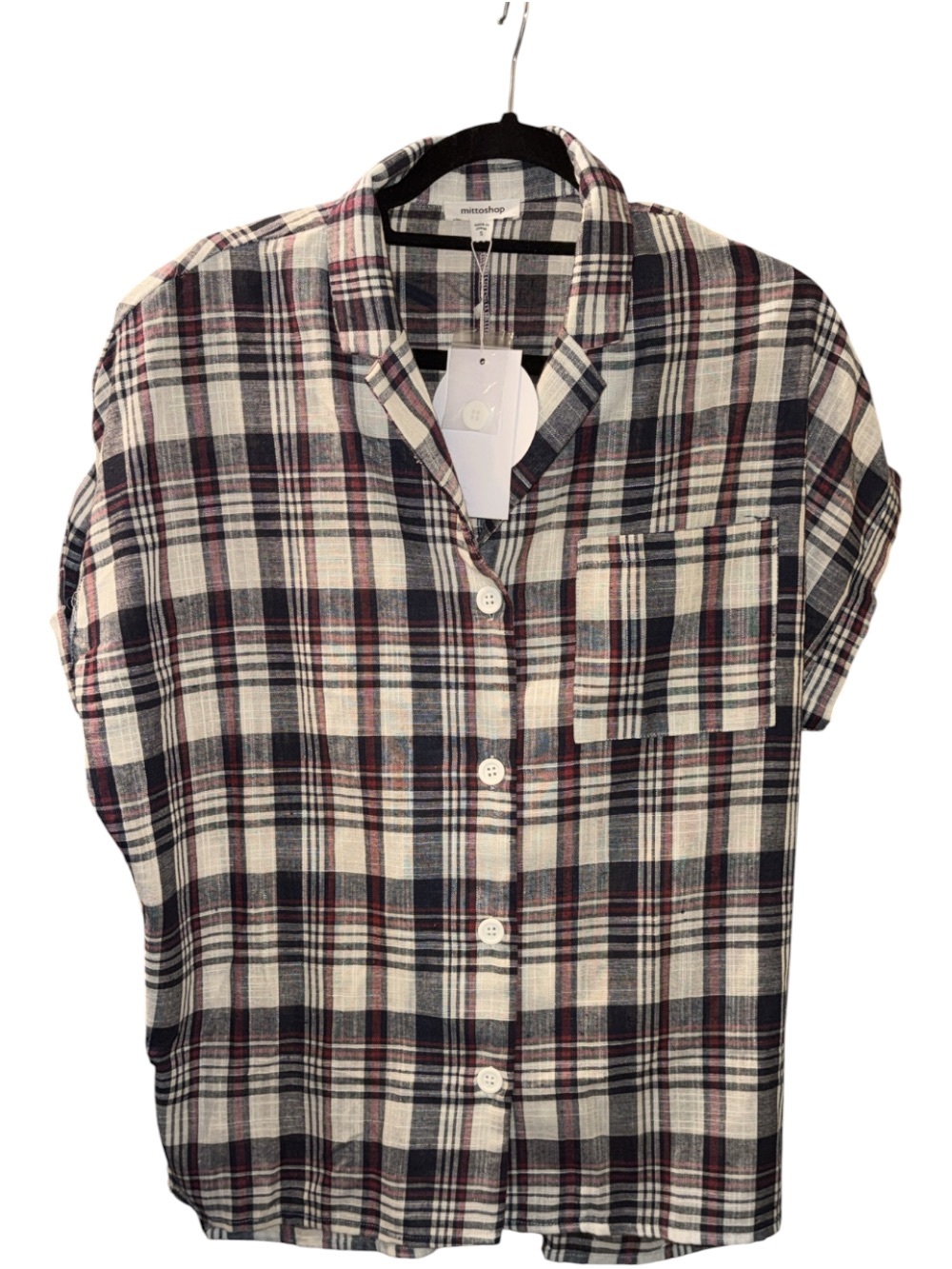 mittoshop Navy, Burgundy & Cream Plaid Short-Sleeve Button-Down Shirt
